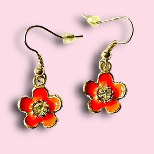 NWT earrings flowers Gold and Orange enamel with rhinestone